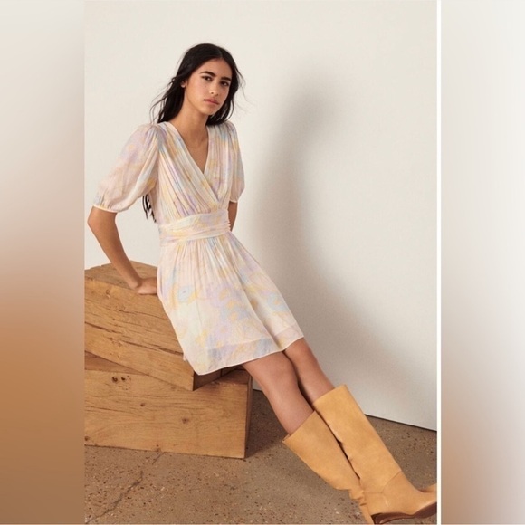 BA&SH Noam Dress Pastel Floral Short Sleeve Faux Wrap Mini Swing Dress Size Med - Picture 2 of 10